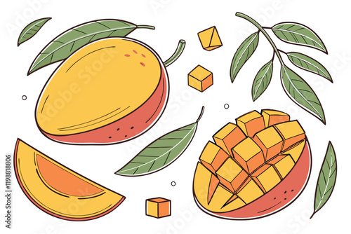 Vibrant watercolor mangoes, botanical illustration style, whole and sliced mangoes, mango cubes, floating mango leaves, bright yellow and orange fruits, white background, fresh tropical fruit, juicy m