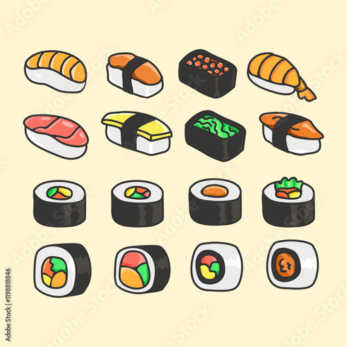 Colorful outlined sushi set element vector for packaging or banner
