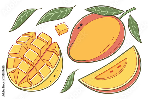 Vibrant watercolor mangoes, botanical illustration style, whole and sliced mangoes, mango cubes, floating mango leaves, bright yellow and orange fruits, white background, fresh tropical fruit, juicy m