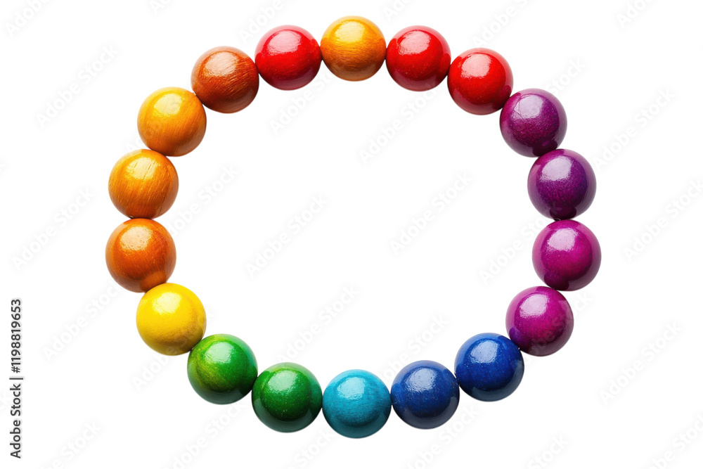 Obraz premium Colorful wooden beads arranged in a circular pattern on a white background showcasing diversity and creativity
