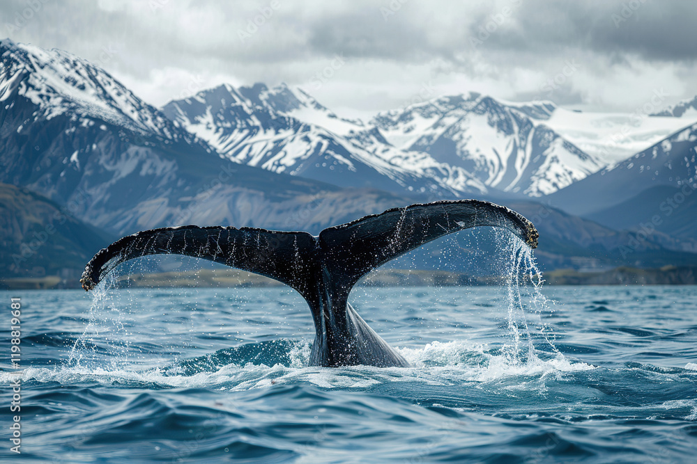 Obraz premium Fantastically beautiful majestic huge whale in deep blue ocean, abstract vivid composition consists of fictional unreal fantastic vision on background
