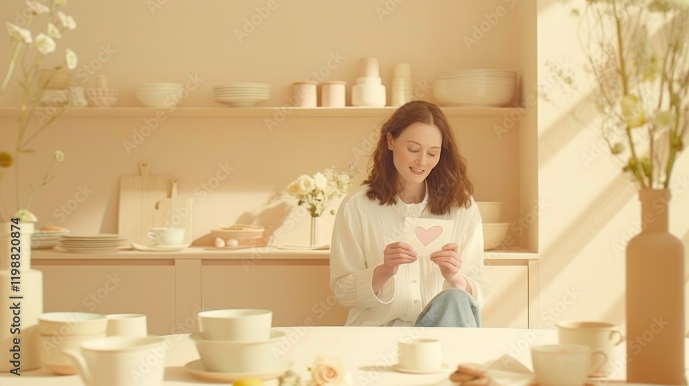 Woman Holding Heart Card in Minimalist Kitchen Setting Surrounded by Tableware and Decorative Flowers, Soft Natural Light Brings Warmth to the Scene Woman Holding Heart Card in Minimalist Kitchen Setting Surrounded by Tableware and Decorative Flowers, Soft Natural Light Brings Warmth to the Scene