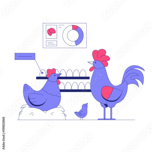 Rooster, Hen, And Chick In Flat Vector Illustration Symbolizing Poultry Farming, Egg Production, And Livestock Management, Isolated On White Background