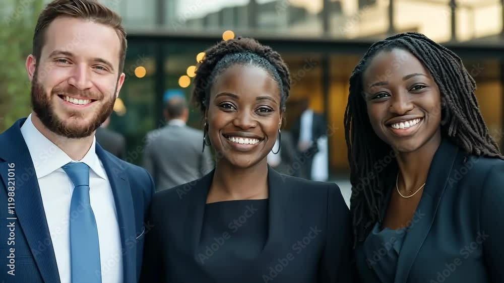 Three people are smiling for the camera, one of whom is wearing a suit and tie Three people are smiling for the camera, one of whom is wearing a suit and tie