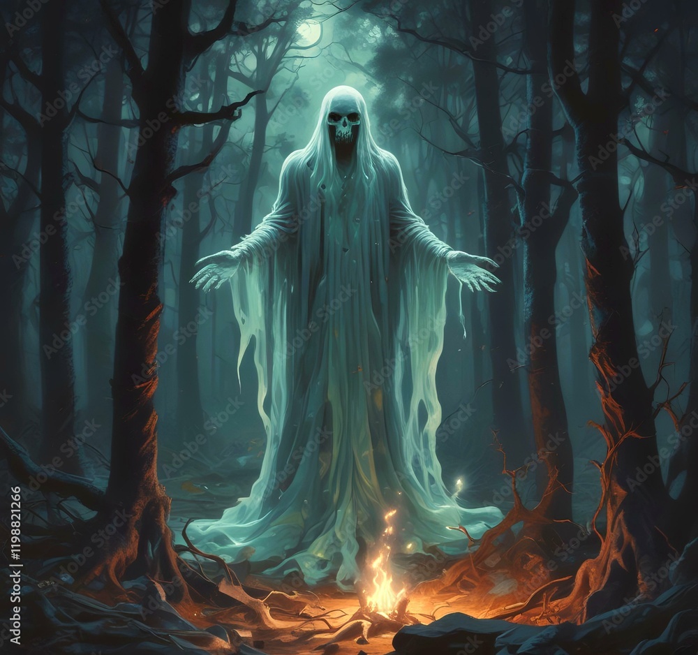 Illustration of glowing ghost in creepy forest. Illustration of glowing ghost in creepy forest.