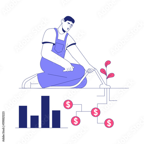 Male Farmer Watering Plant With Financial Growth In Flat Vector Illustration Symbolizing Agriculture, Investment, And Economic Development, Isolated On White Background