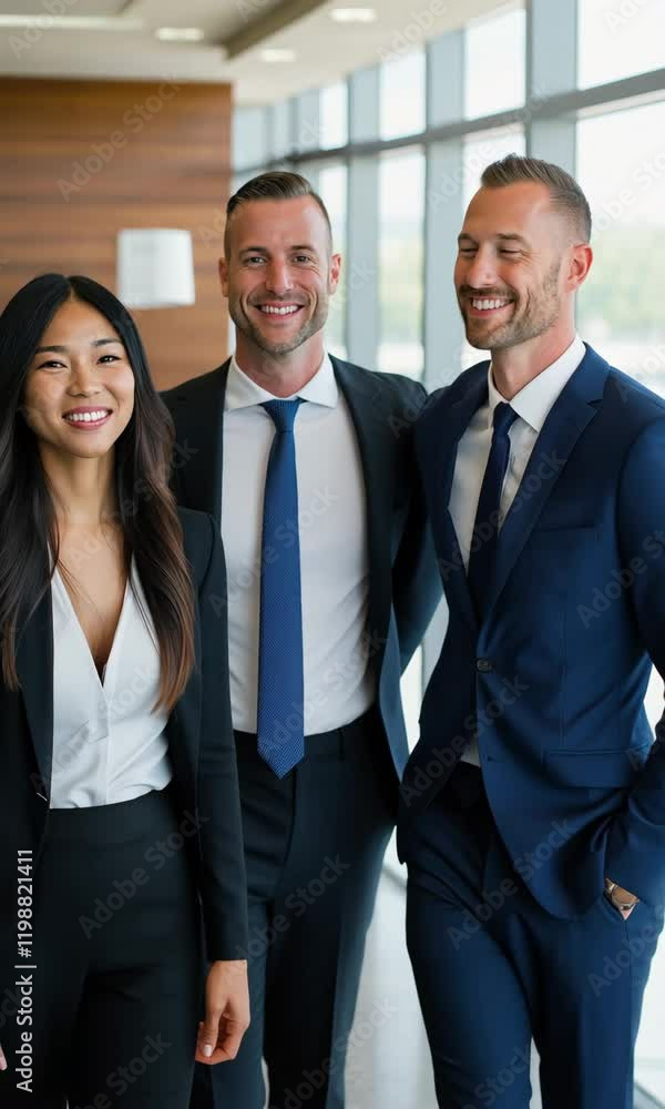 Three men and a woman are posing for a photo in suits Three men and a woman are posing for a photo in suits