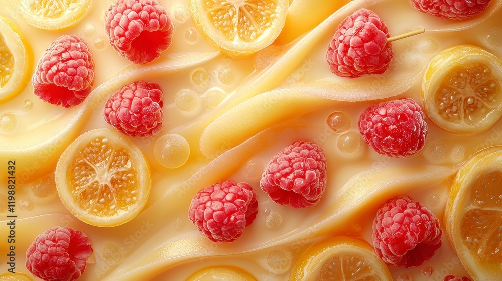 Raspberries and lemon slices in creamy liquid swirl. Raspberries and lemon slices in creamy liquid swirl.