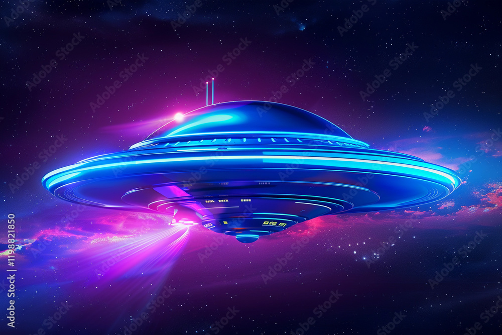 Obraz premium Iron oval UFO saucer hovering over beautiful landscape in deep dramatic sky, abstract vivid composition consists of fictional unreal fantastic vision on background