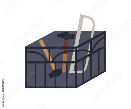 Tool box with hammer and handsaw inside. Portable toolbox for carpentry and r...