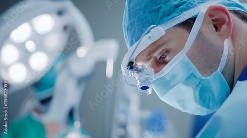 Focused Surgeon in Operative Room Wearing Surgical Mask and Magnifying Glass : Generative AI photo