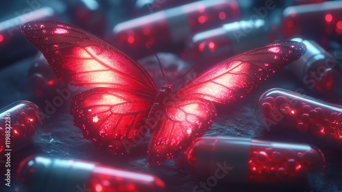 Glowing Red Butterfly Amidst Capsules: A Surreal, Darkly Romantic Image photo