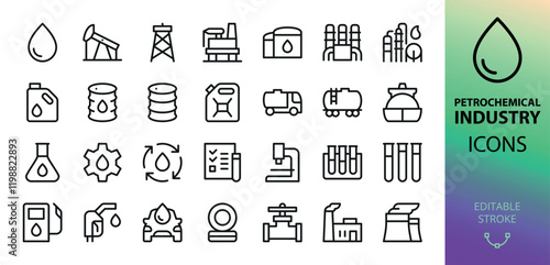 Petrochemical industry line icons set. Set of crude oil, petrochemical plant, barrel, storage tank, refinery, fuel, production, extraction, petroleum vector symbol with editable stroke