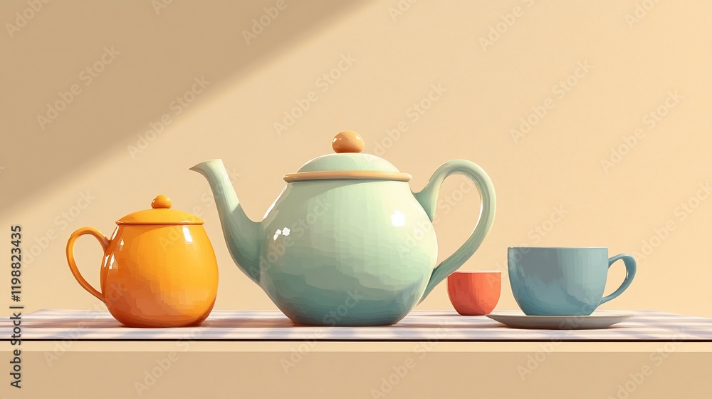 Pastel teapot, creamer, cup, and saucer on table. Pastel teapot, creamer, cup, and saucer on table.