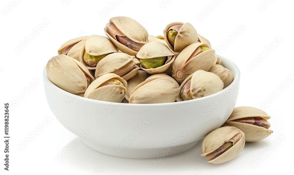 Pistachio nuts with shells scattered in a white bowl, exposing the tasty green and purple seeds, against a white backdrop, Generative AI. Pistachio nuts with shells scattered in a white bowl, exposing the tasty green and purple seeds, against a white backdrop, Generative AI.