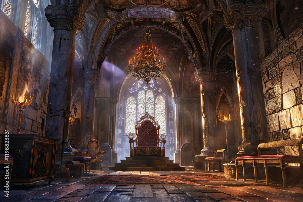 Fototapeta premium Fantastically beautiful throne of power of king or queen in throne room, abstract vivid composition consists of fictional unreal fantastic vision on background