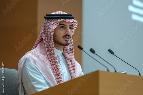 A man in traditional attire speaks at a podium, addressing an audience during an event.