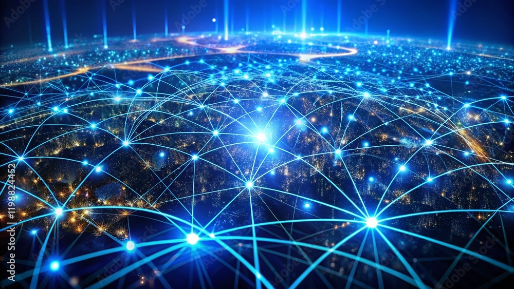 Futuristic Network: Aerial View of Glowing Blue Nodes and Lines Futuristic Network: Aerial View of Glowing Blue Nodes and Lines