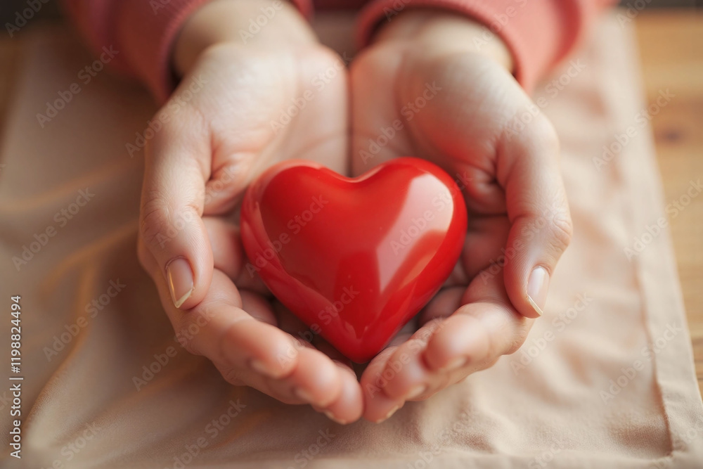 two pairs of hands cradling shiny red heart on beige fabric background two pairs of hands cradling shiny red heart on beige fabric background