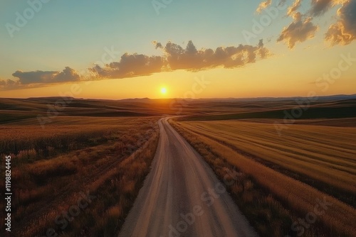 Rural countryside road at sunset aerial