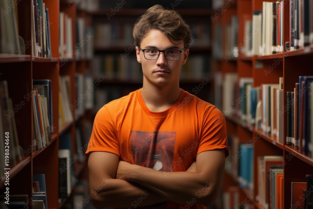 Obraz premium A young man stands in a library with his arms crossed, wearing an orange shirt