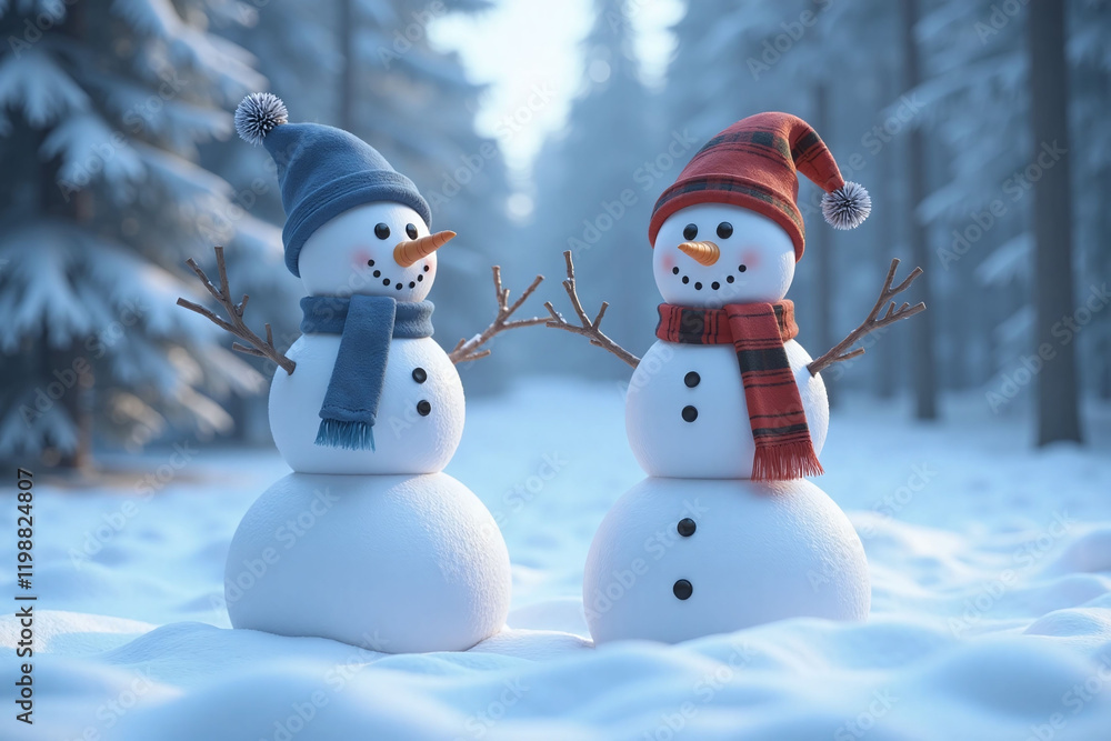 two snowmen in blue red scarves hats in snowy forest winter background