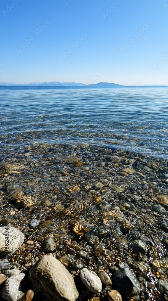 Serene lake with clear water and rocky shoreline, mountains in the distance under a bright blue sky. Serene lake with clear water and rocky shoreline, mountains in the distance under a bright blue sky.