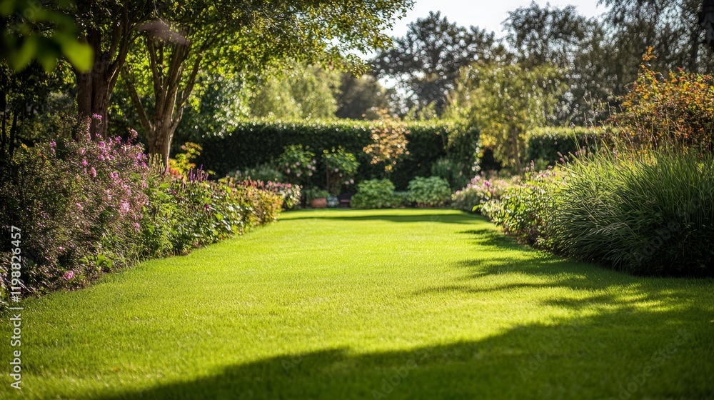 Fototapeta premium A beautifully maintained garden with a green lawn, vibrant flowers, and lush foliage under a clear blue sky.