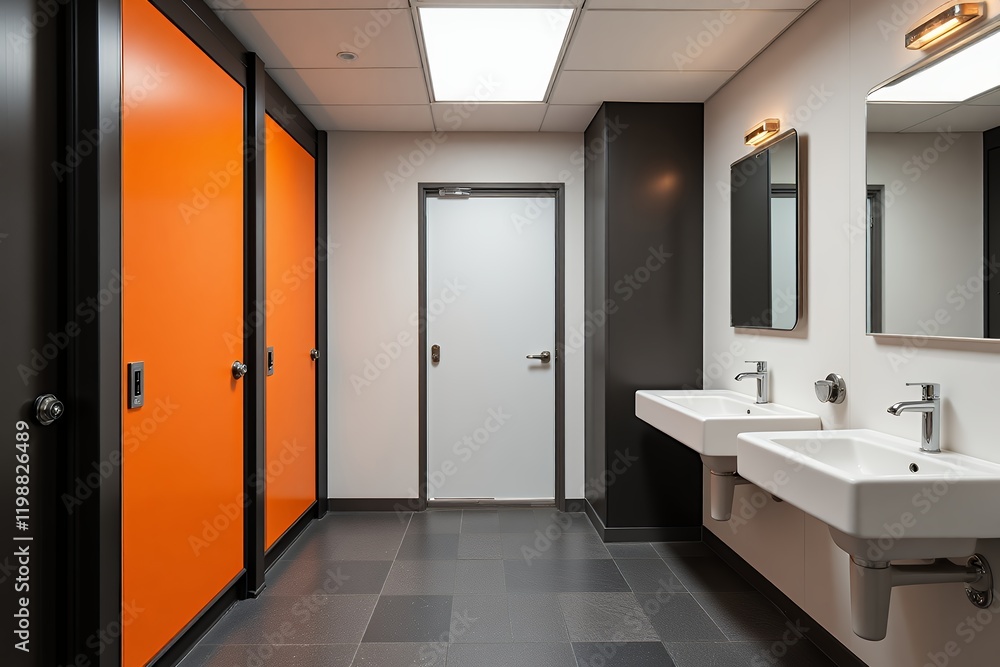 Modern Office Restroom Interior with Orange Doors White Sinks and Dark Accents Modern Office Restroom Interior with Orange Doors White Sinks and Dark Accents