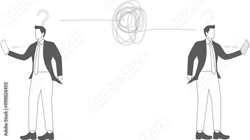 Communication problem, misunderstanding or confusion, mess or chaos communicate, conflict opinion, discussion or meeting conversation concept, business people colleagues communicate with messy line