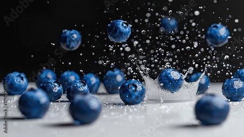 magine a ad campaign, 50 realistic blueberries on a dry white surface. In a black background. There is a tiny splash of water in the back ground photo