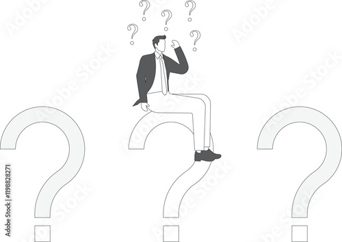 Ask questions, FAQ, problem or curiosity, doubt and confusion to be answer, challenge and uncertainty, unknown information or solution concept, contemplation businessman thinking with question marks