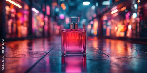 Night City Perfume: A captivating fragrance bottle displayed on a reflective surface, bathed in the vibrant glow of neon lights, creating a mysterious and alluring atmosphere.