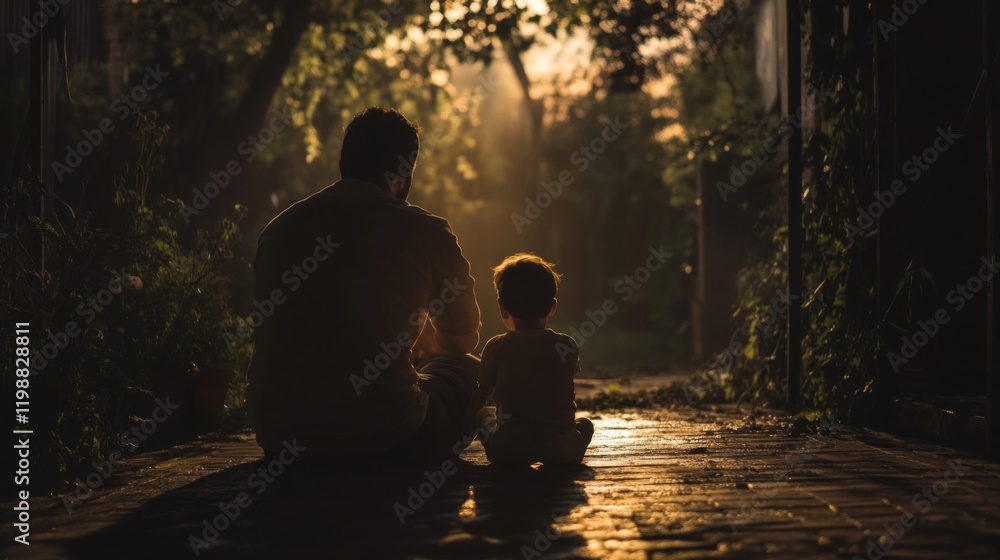 Silhouetted father and son sitting together in a sunlit forest path