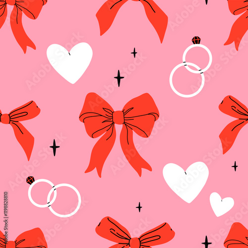 Valentines day elements vector seamless pattern. Gifts, envelope, heart, dessert, messages, candies, locks and other traditional decorations. Cartoon doodle style. photo