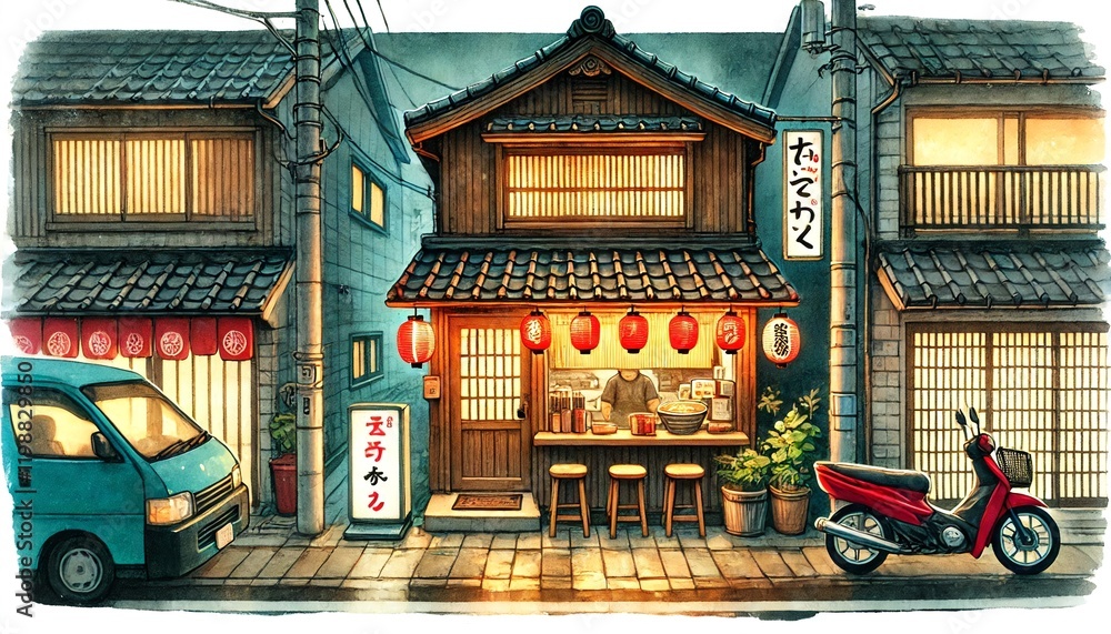 A beautiful japanese Tokyo, ramen shop restaurant bar in the dark night A beautiful japanese Tokyo, ramen shop restaurant bar in the dark night