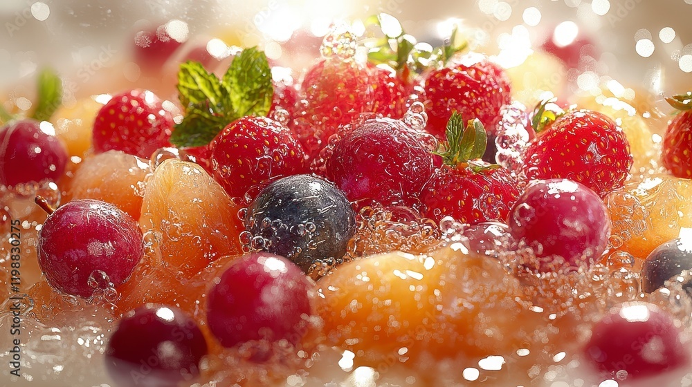 Fresh, vibrant mixed berries and fruits submerged in sparkling water, creating a bubbly, refreshing scene. Fresh, vibrant mixed berries and fruits submerged in sparkling water, creating a bubbly, refreshing scene.