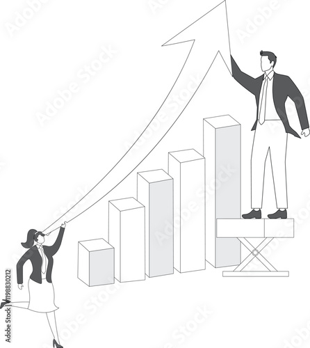 Growth strategy, team collaboration to grow business success, teamwork or partnership to develop or improve work efficiency concept, businessman and woman employee team help grow rising arrow chart