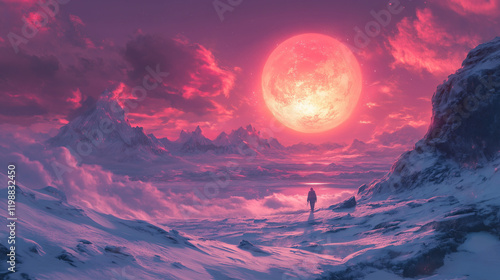 Surreal landscape under a large pink moon with a solitary figure walking on snowy terrain