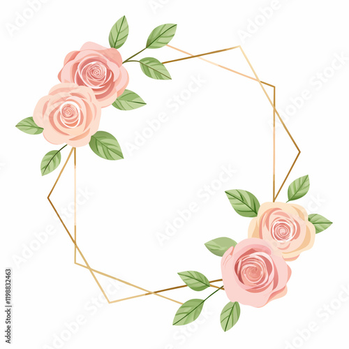 Three floral frame designs with pale pink roses, greenery, and a thin gold outline, in square, rectangular, and circular shapes with white background