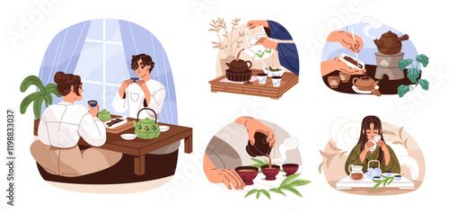 Chinese tea ceremony set. Happy people drink herbal beverage, brew leaves in gaiwan in China. Characters with Japanese cups of matcha, oolong. Flat isolated vector illustration on white background