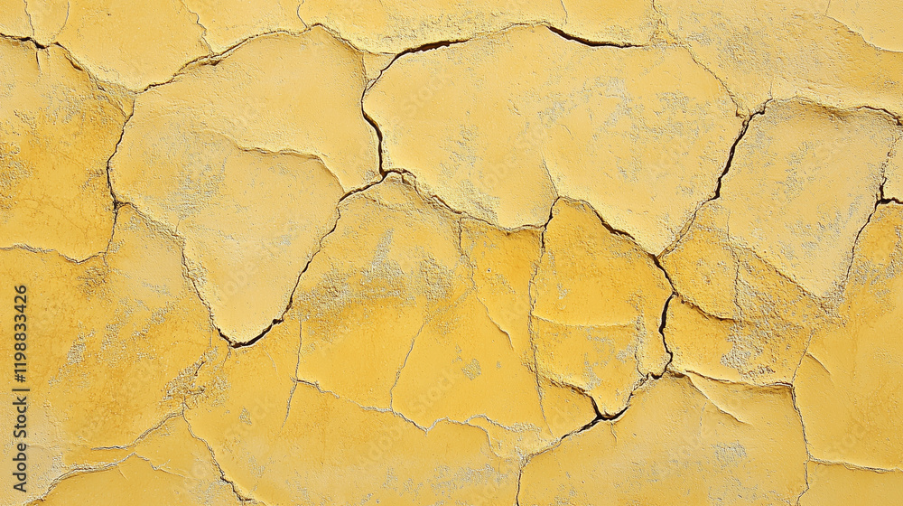 Cracked yellow wall surface displaying natural texture and patterns created by weathering over time Cracked yellow wall surface displaying natural texture and patterns created by weathering over time