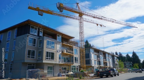 A construction crane towering over a modern housing project, with newly installed windows and ongoing facade work visible
