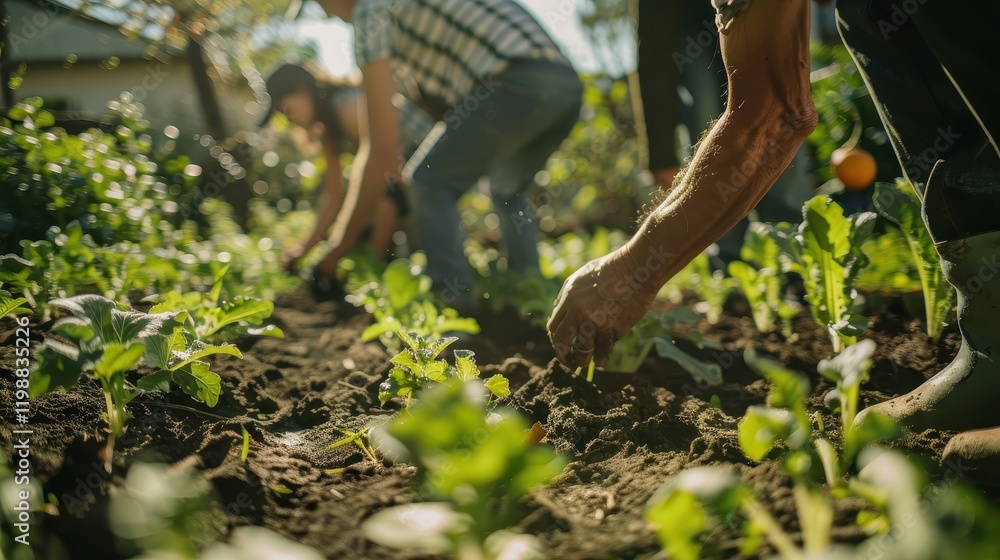 Fototapeta premium Gardeners Collaborating in a Lush Vegetable Garden Setting