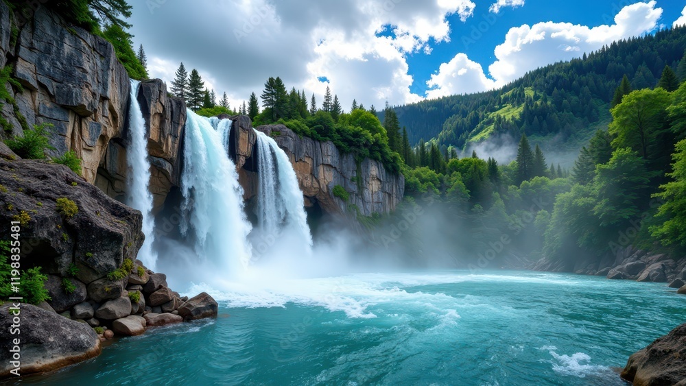 Fototapeta premium Majestic waterfall cascading into azure waters, surrounded by lush forest under a clear sky. Nature's serene beauty captured in vibrant greens and blues