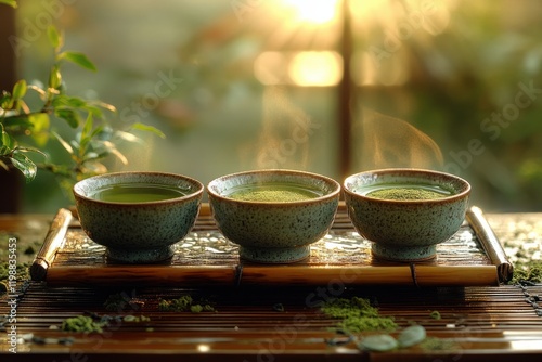 Experience the tranquility of matcha tea preparation in a serene setting with warm sunlight filtering through photo