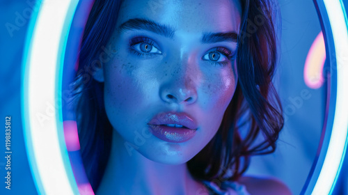 Captivating portrait of a young woman illuminated by a selfie ring light
