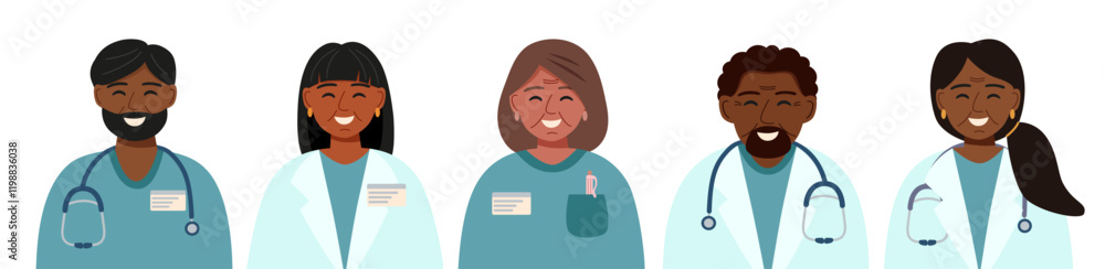 Set of doctors avatars. Concept of medicine, healthcare, clinic, assistance, team. Vector hand drawn cliparts of doctors. Set of doctors avatars. Concept of medicine, healthcare, clinic, assistance, team. Vector hand drawn cliparts of doctors.