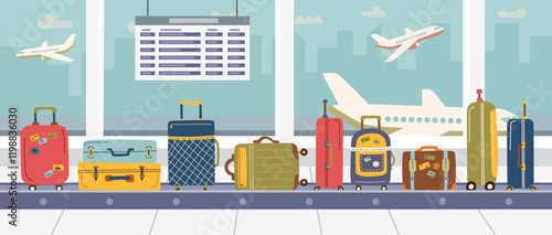 Airport interior banner. Baggage on the claim line. Travel, vacation and business trip concepts. Flat vector illustration background.