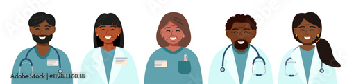 Set of doctors avatars. Concept of medicine, healthcare, clinic, assistance, team. Vector hand drawn cliparts of doctors.